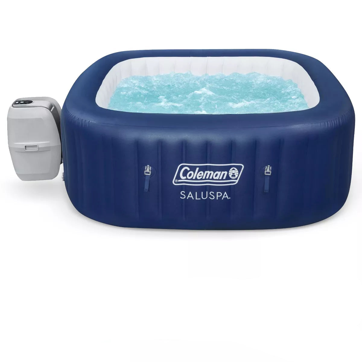 Coleman Atlantis Airjet Large Square 4 to 6 Person Inflatable Hot Tub Portable Outdoor Spa with 140 Airjets and Energysense Cover, Blue