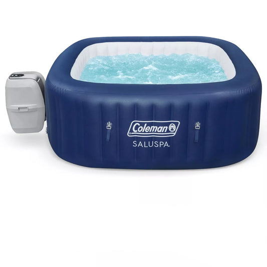 Coleman Atlantis Airjet Large Square 4 to 6 Person Inflatable Hot Tub Portable Outdoor Spa with 140 Airjets and Energysense Cover, Blue
