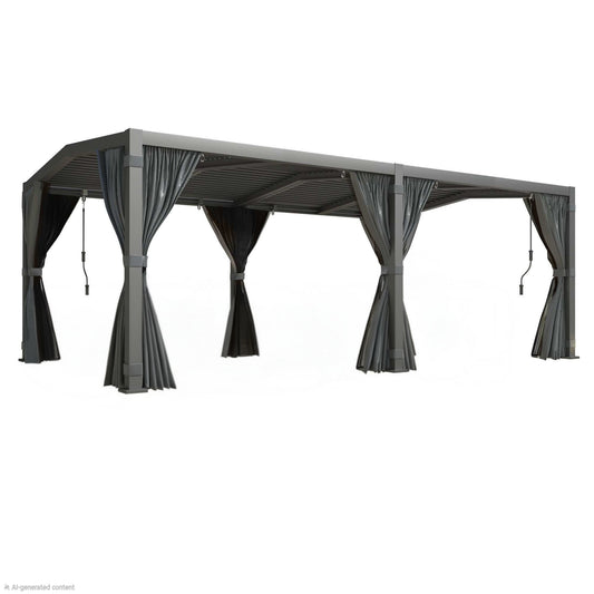12X20 Louvered Pergola,Dark Grey Aluminum Frame with Adjustable Rainproof Roof, Featuring Waterproof Curtains and Nets